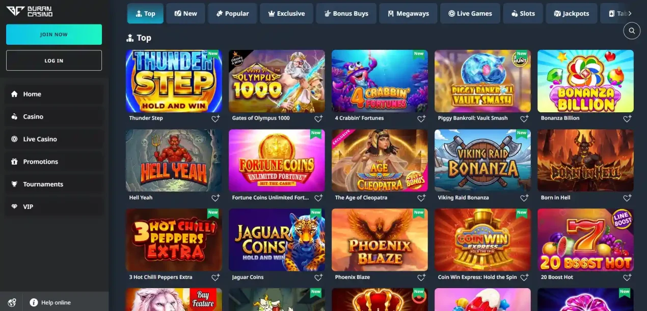 BuranCasino game lobby with pokies and provider filters visible