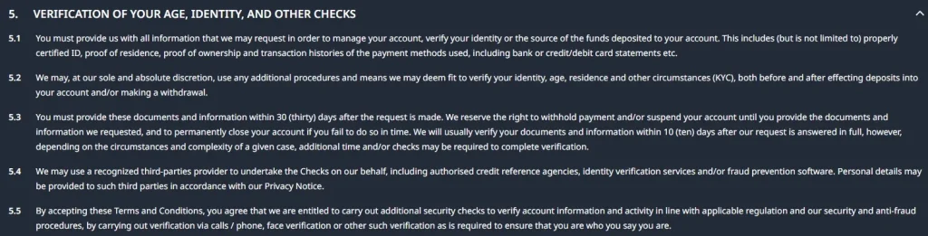 BuranCasino terms describing identity and payment verification requirements
