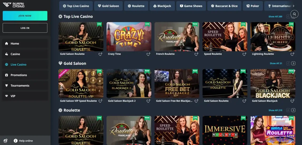 BuranCasino live casino lobby showing dealer-led table game categories