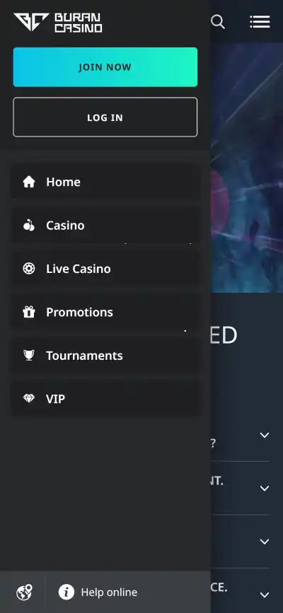 BuranCasino open in a smartphone browser with the main navigation visible