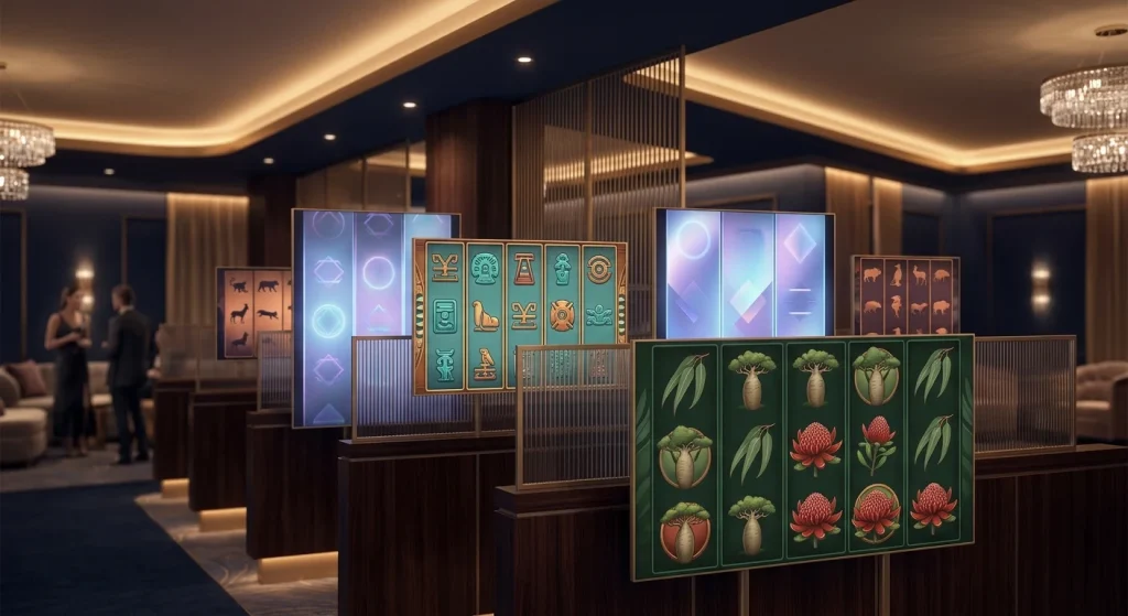 Colourful online pokies reels arranged across a modern casino-style game selection